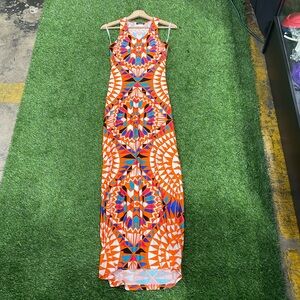 Ladies full length tank dress with multi colored geometric print.